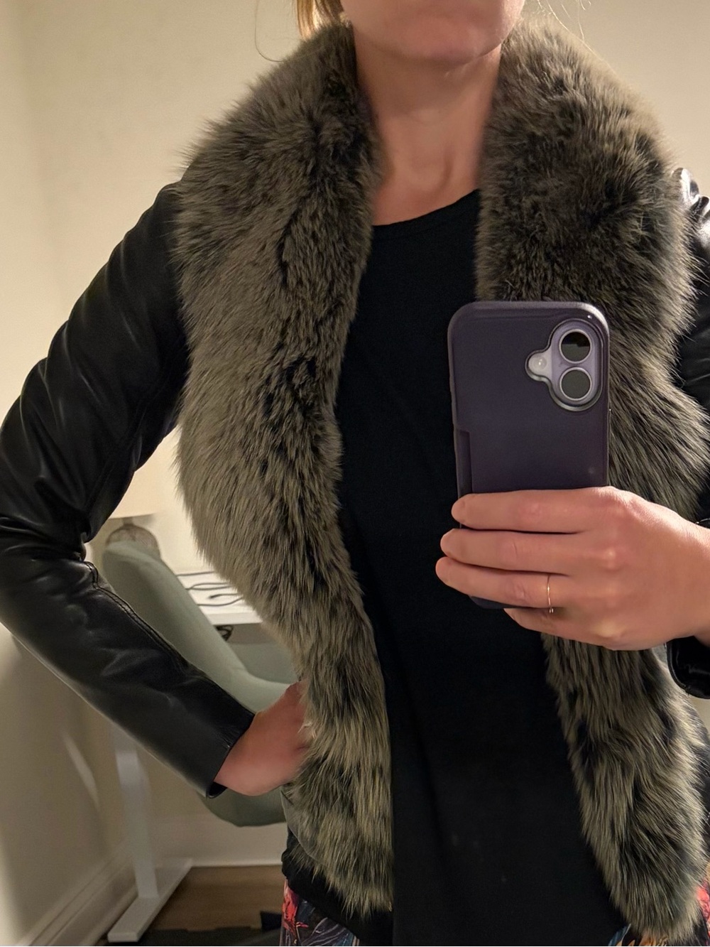 Danier Black Leather Jacket with Genuine Grey Fox Fur Collar